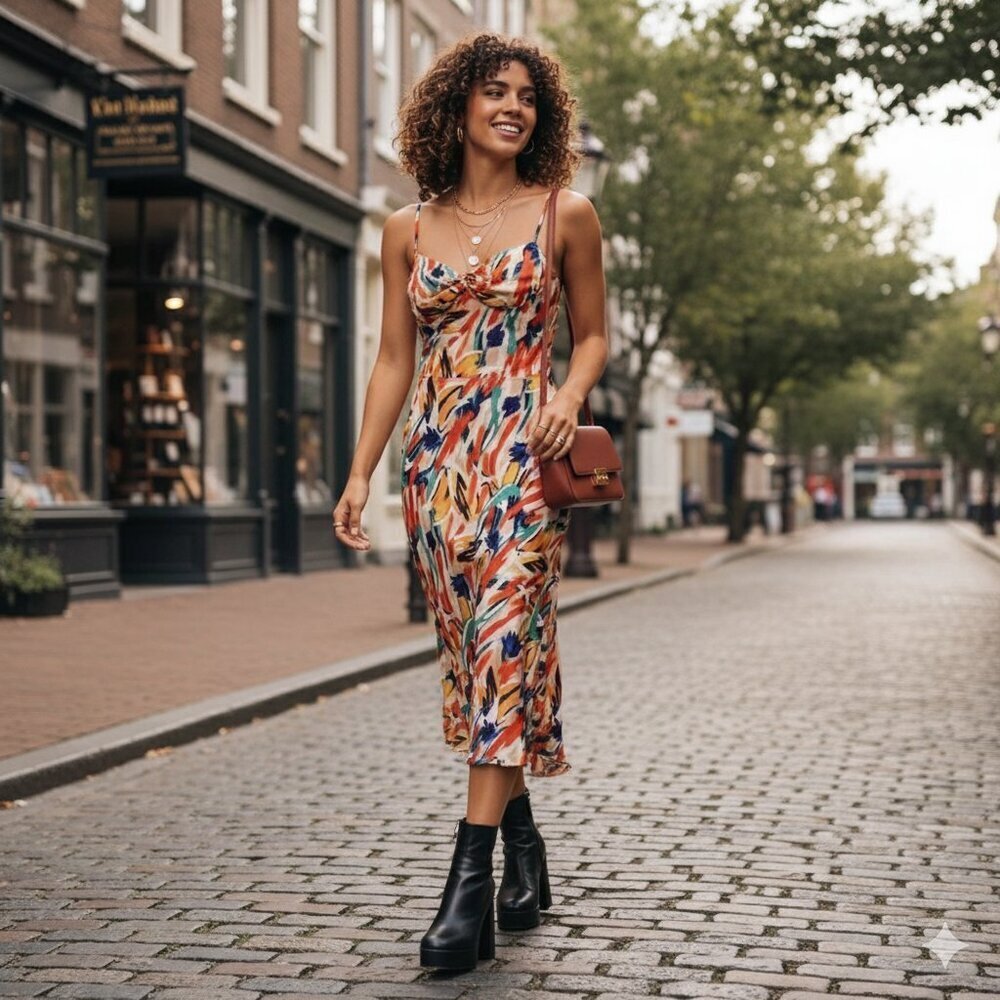 ASTR Mariela Satin Midi Dress in Orange Green Multi Size Small NWT